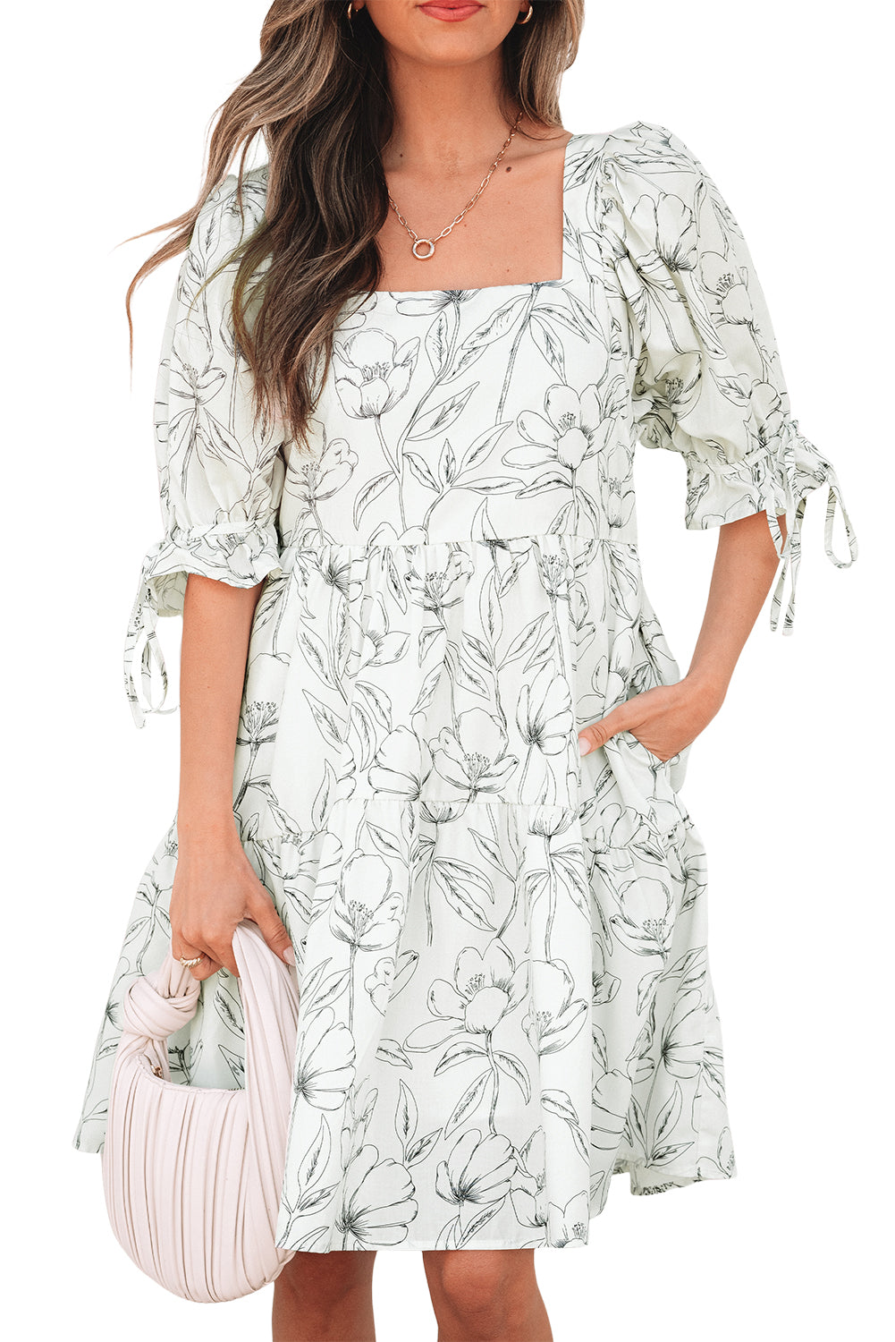 Floral Print Square Neck Shirred Back Mini Dress