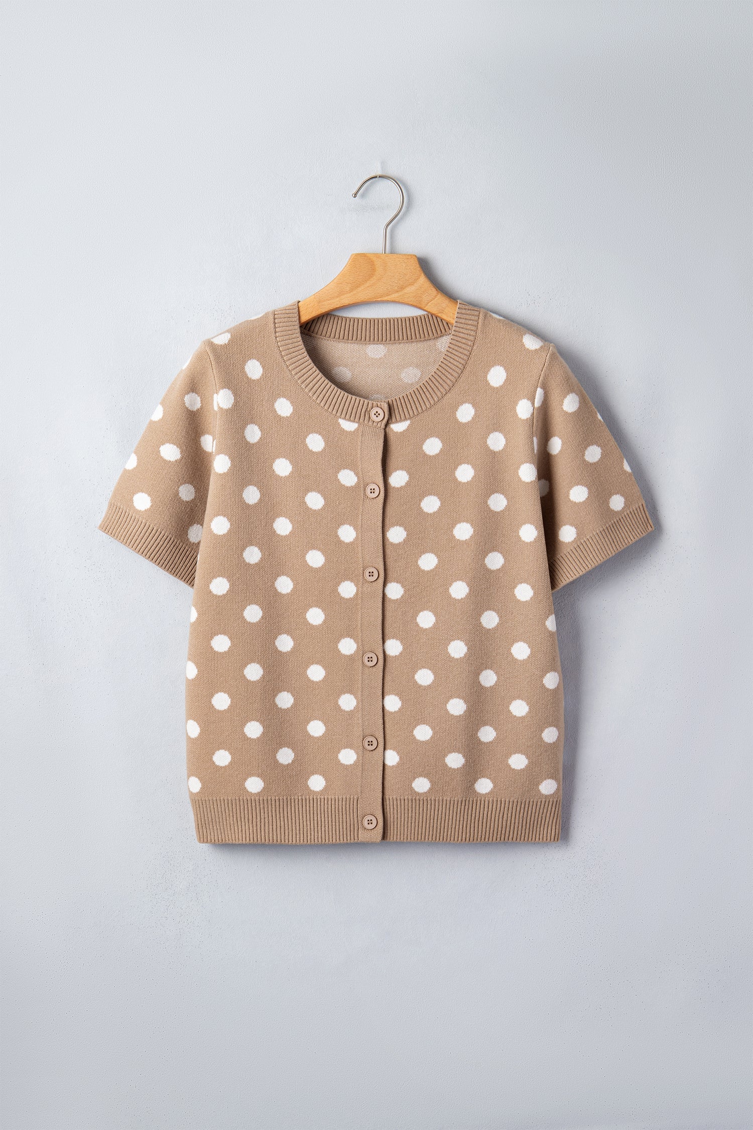 Short-Sleeved Button Polka-Dot Button Down Cardigan Knit Top in Dark Khaki