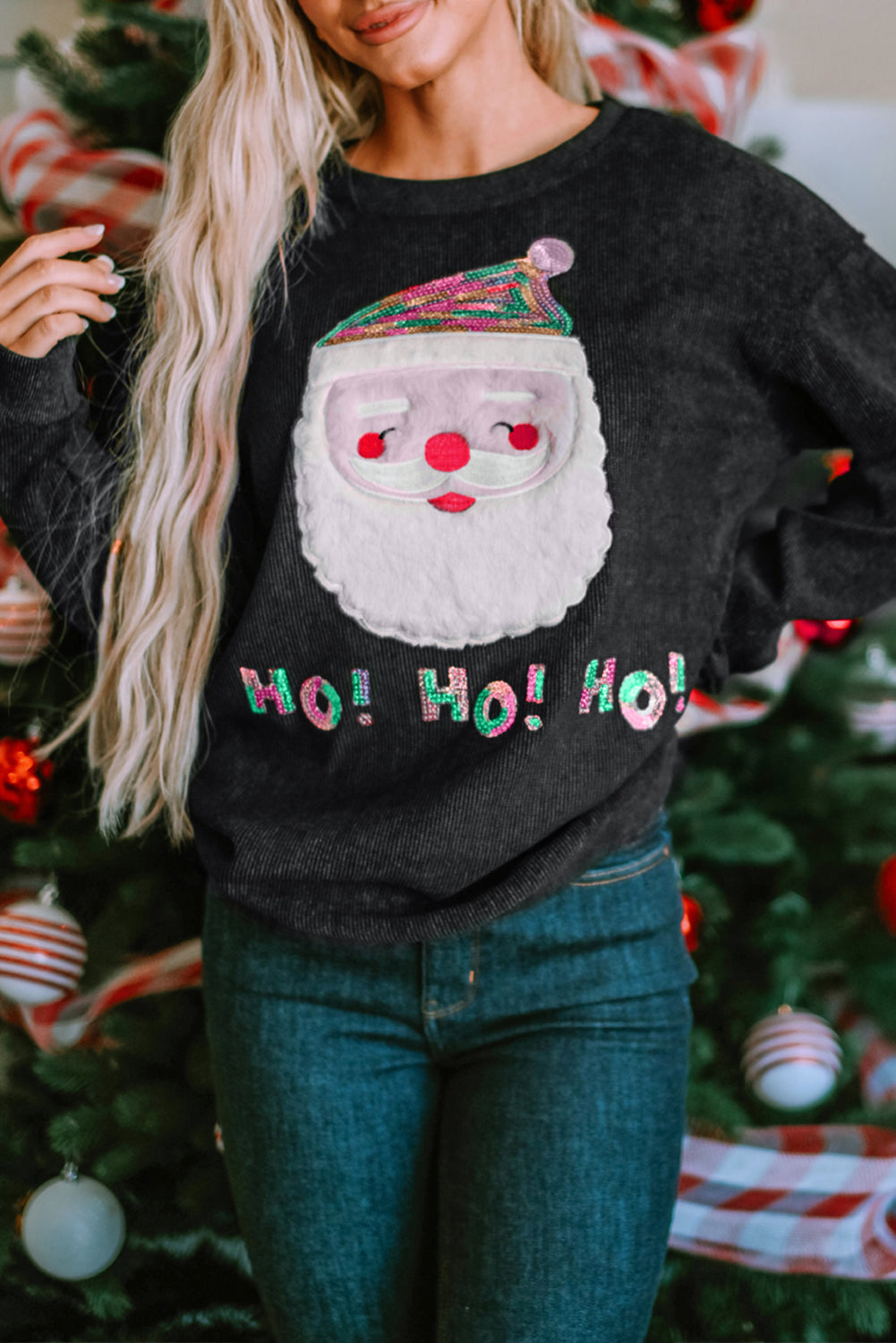Graphic Sweatshirt for Women Santa Claus Sequin HO HO HO