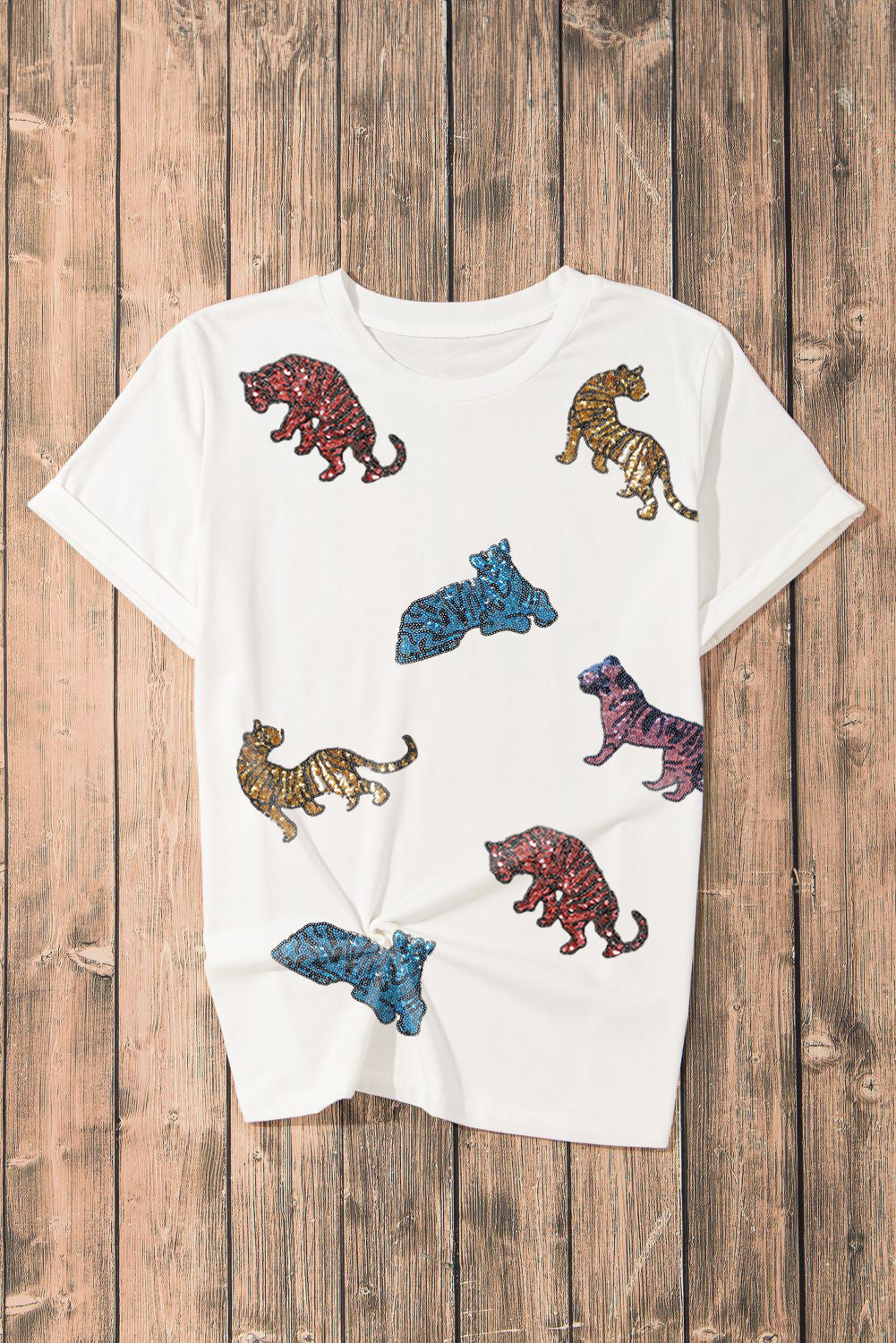 Women's T-shirt Featuring Shiny Tiger Patch Graphic-Print Summer