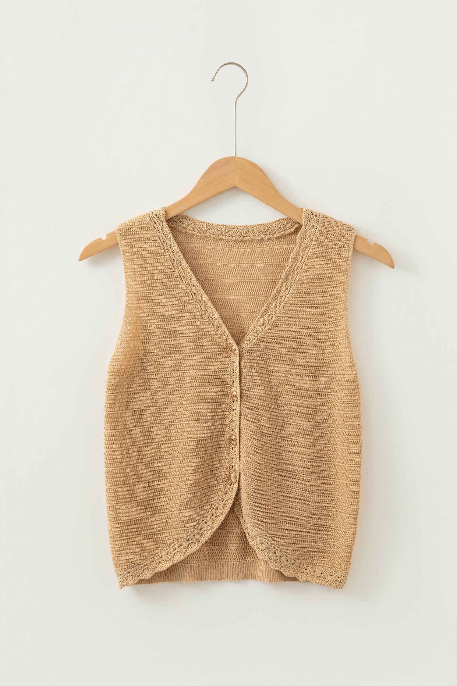 Trim Hollow out Button-Front Boho Knit Top Vest