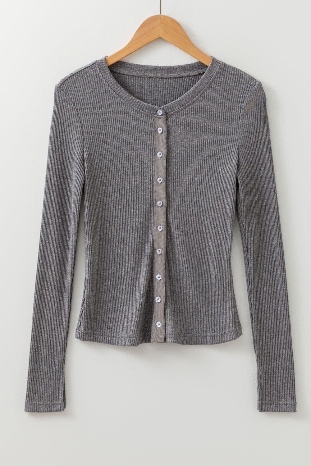 Knit Button Rib-Knit Button Down Slim Cardigan in Sleet