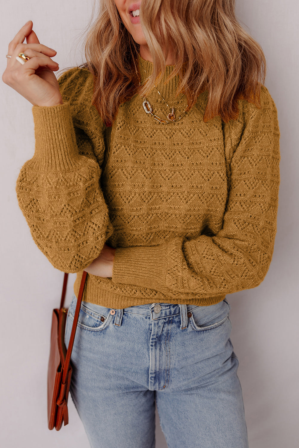 Hollow Out Crochet Rib-Knit Edge Balloon Sleeve Knit Top