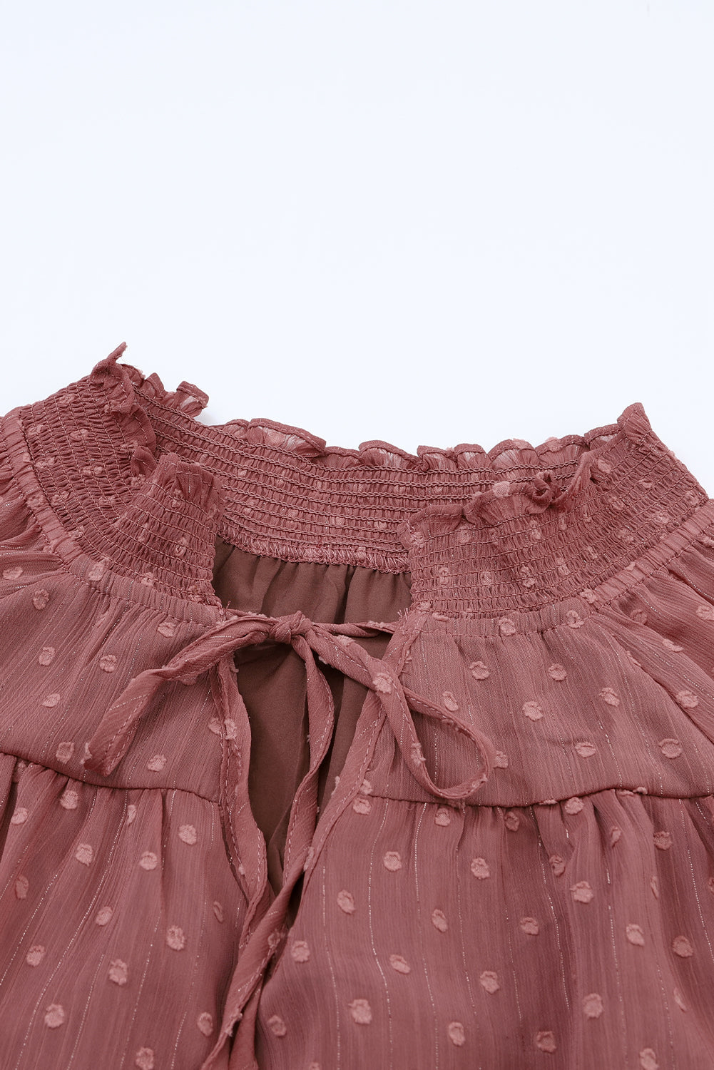 Women's Blouse with Ruffle-Trimmed Swiss Dot Lace-Trimmed up V Neck