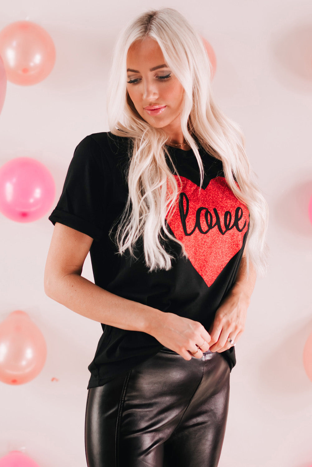 T Shirt for Women Print Love Heart Shaped Glitter
