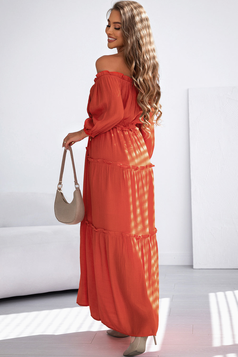 Women's Maxi Dress with Balloon Ruffle-Trimmed Off Shoulder