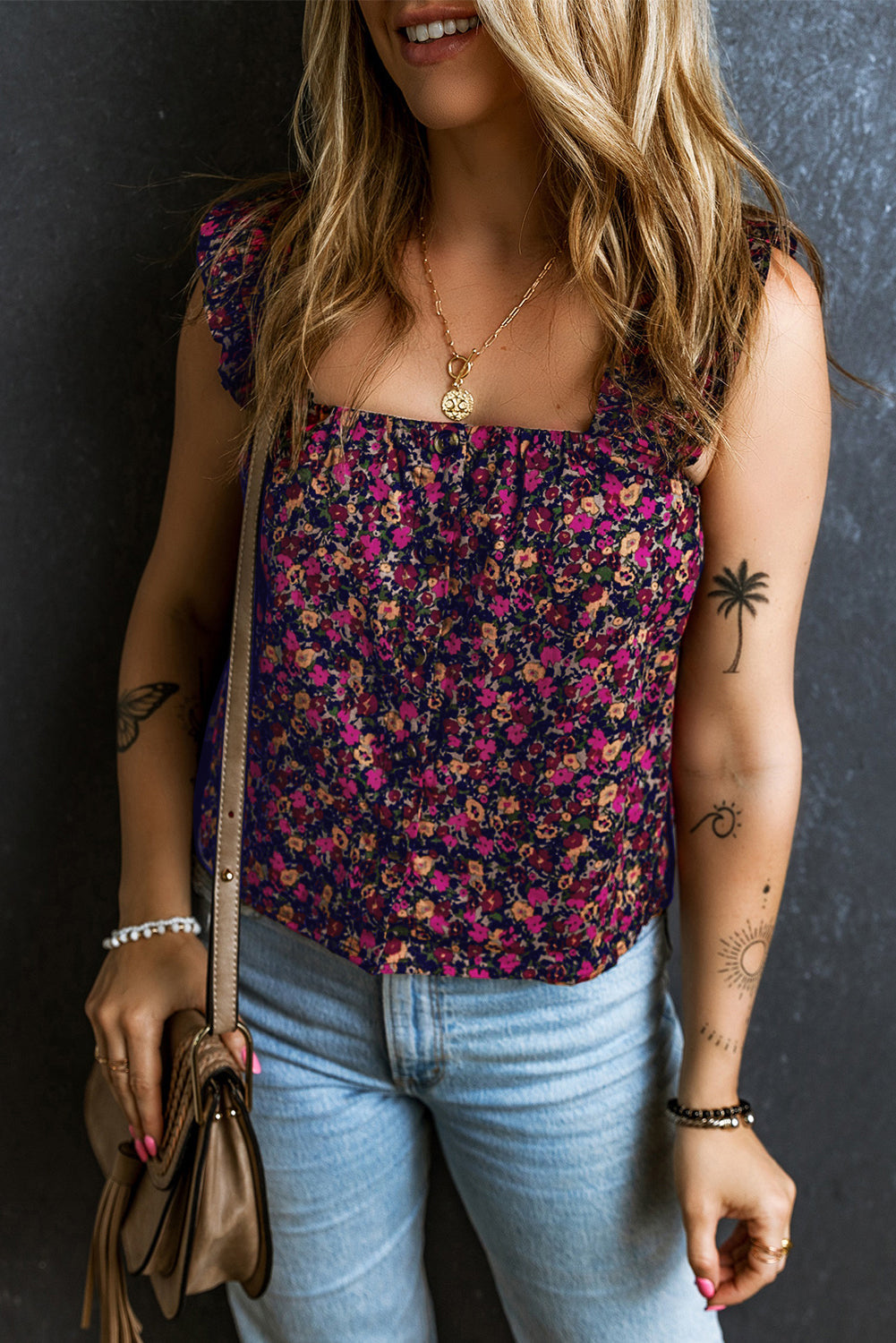 Women's Frill-Trimmed Straps Floral-Print Bohemian Tank Top