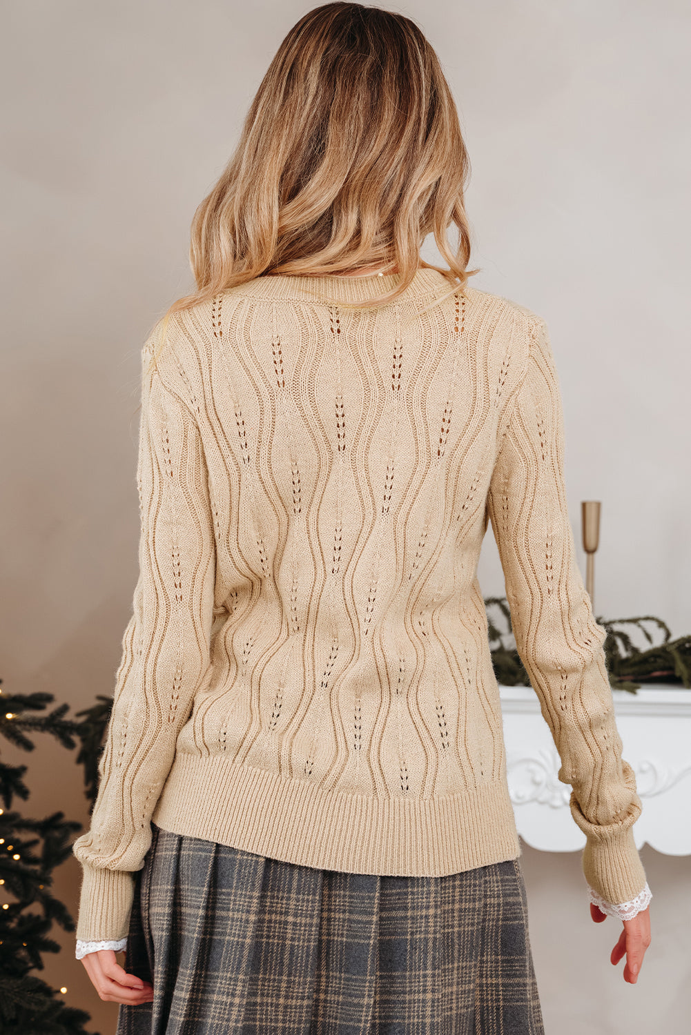 Beaded Pointelle Pearl Pointelle Knit V-Neck Lace Patchwork Sleeve Knit Top