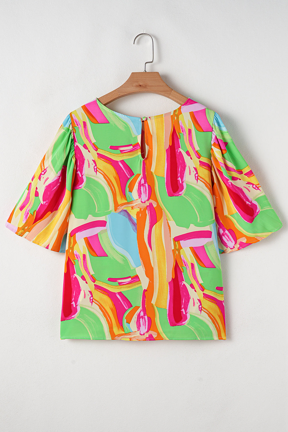 Abstract Print Keyhole Back Pleated Blouse