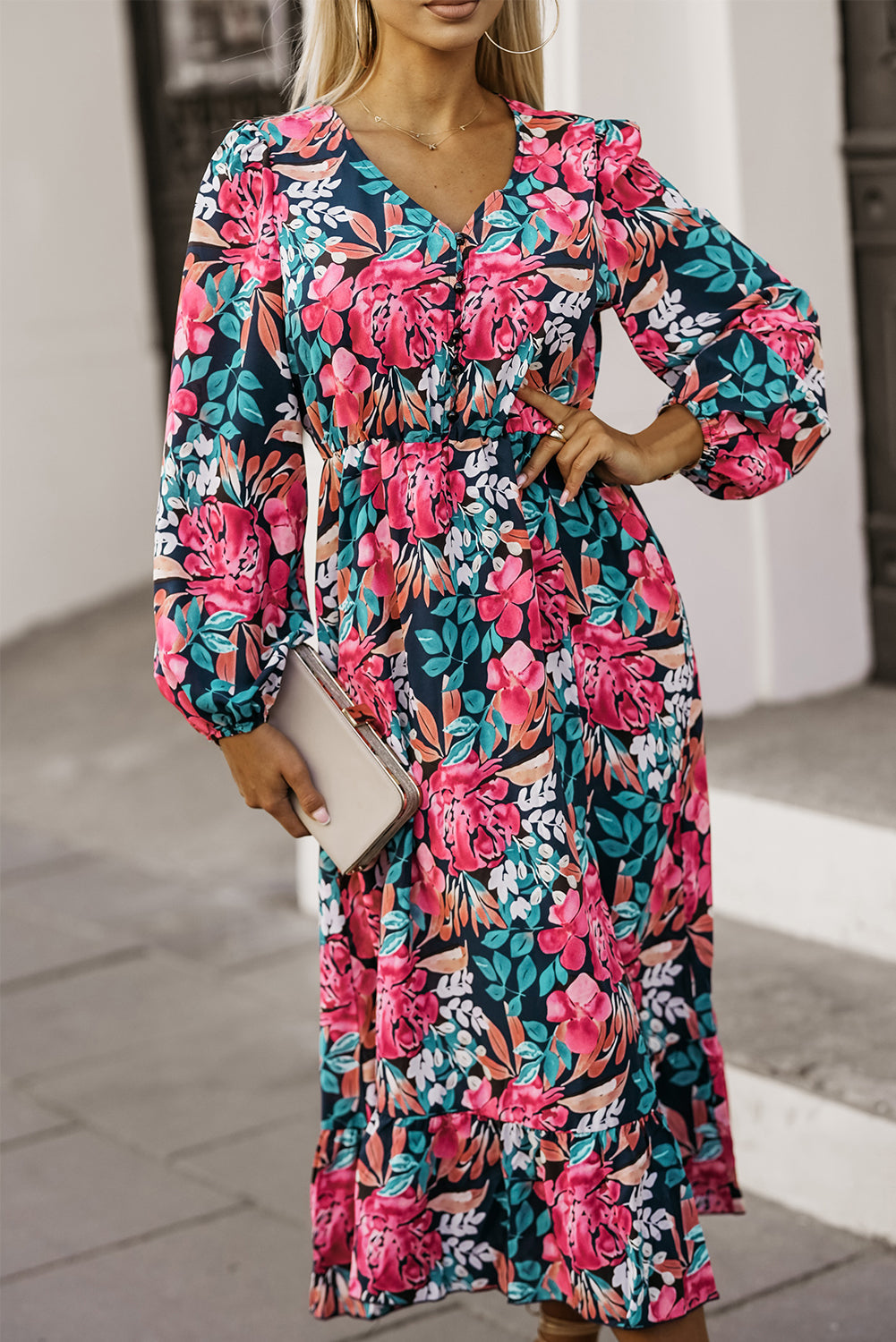 Women's Elastic High-Rise Split Floral-Print V Neck Dress
