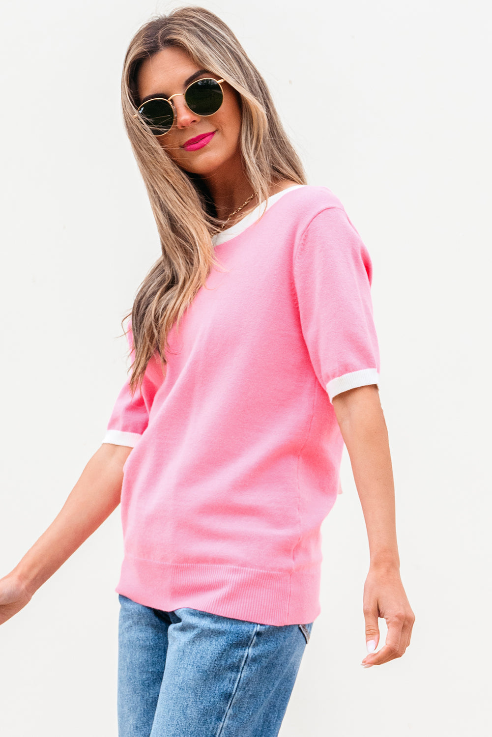 Pink Colorblock Bow V-Shape Cut Back Short Sleeve Sweater