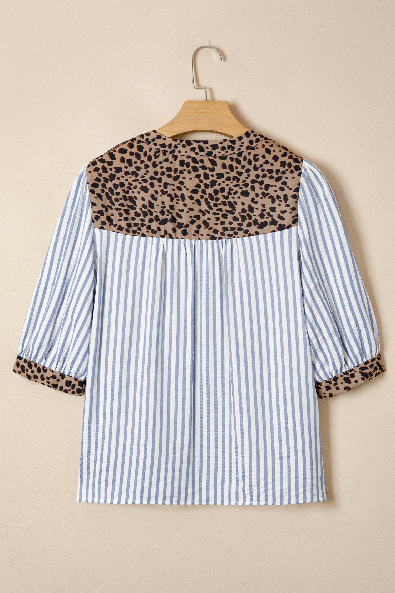 Leopard Trim V-Neck Button Down Half Sleeve Shirt