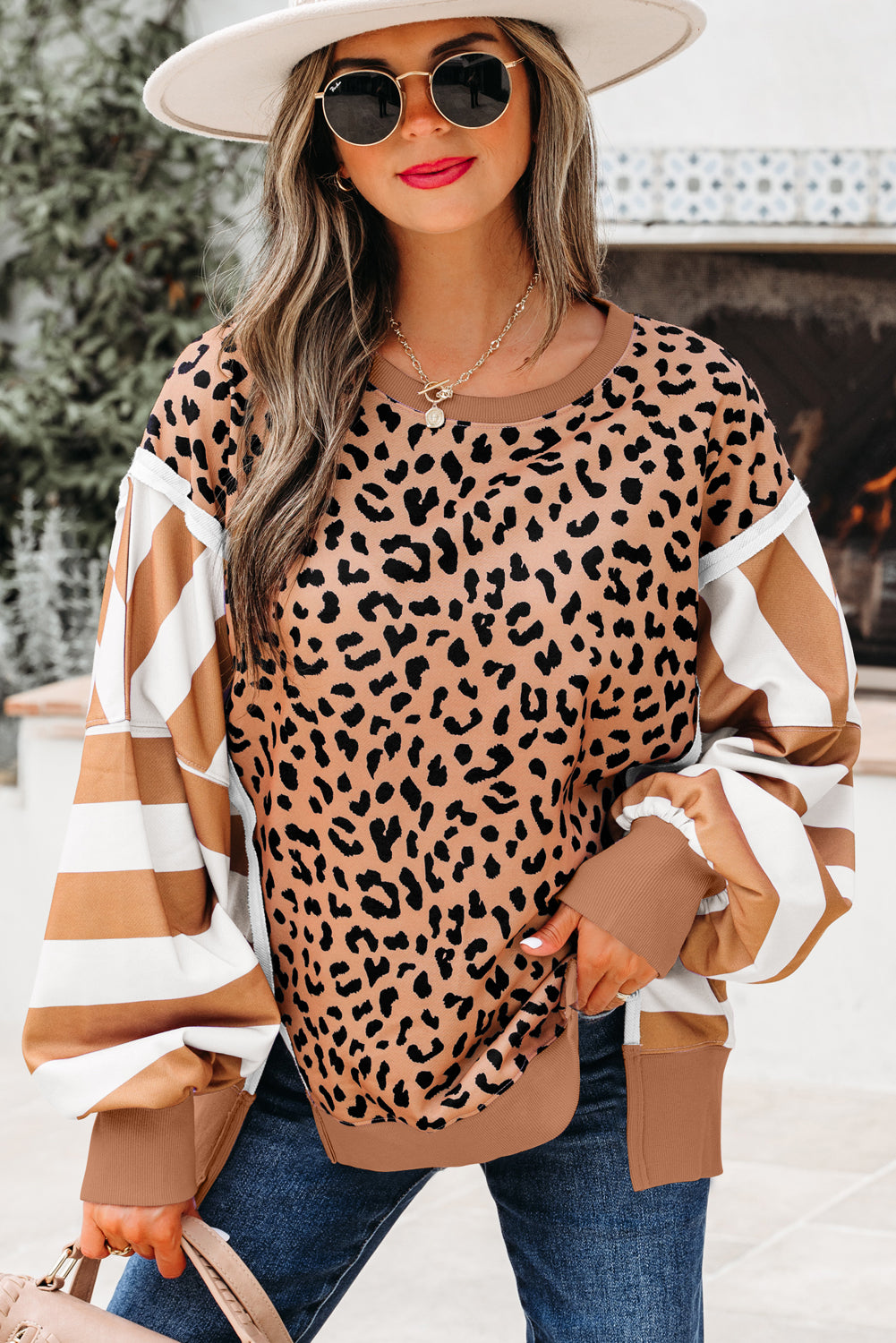 Patchwork Leopard Colorblock Leopard Everyday Sweatshirt with Slits