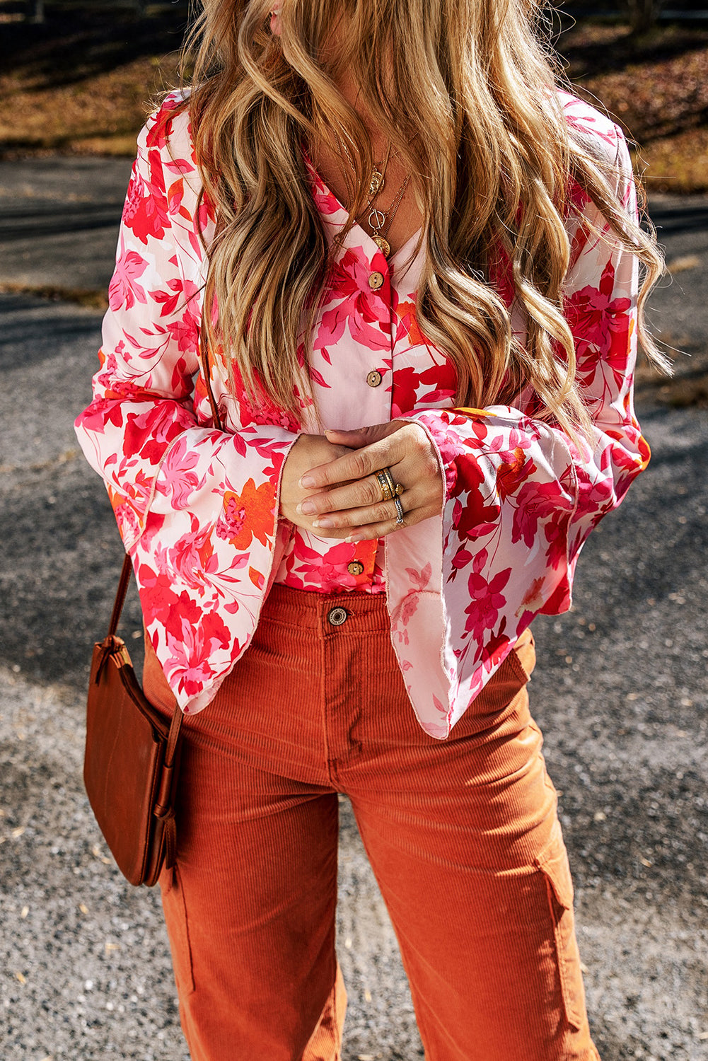 Women's Bodysuit Featuring Print Layered Bell Button-Front Floral-Print