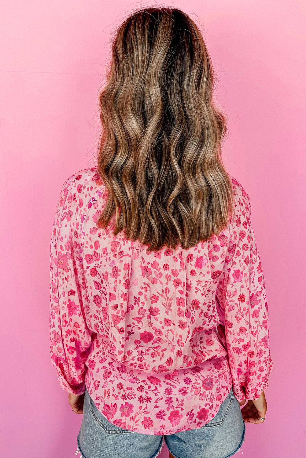 Sleeve Floral Puff Split Neck Lightweight Blouse