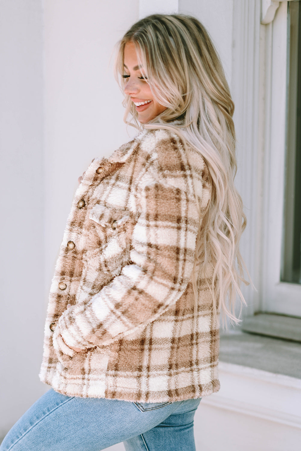 Women's Jacket with Sherpa Plaid Button