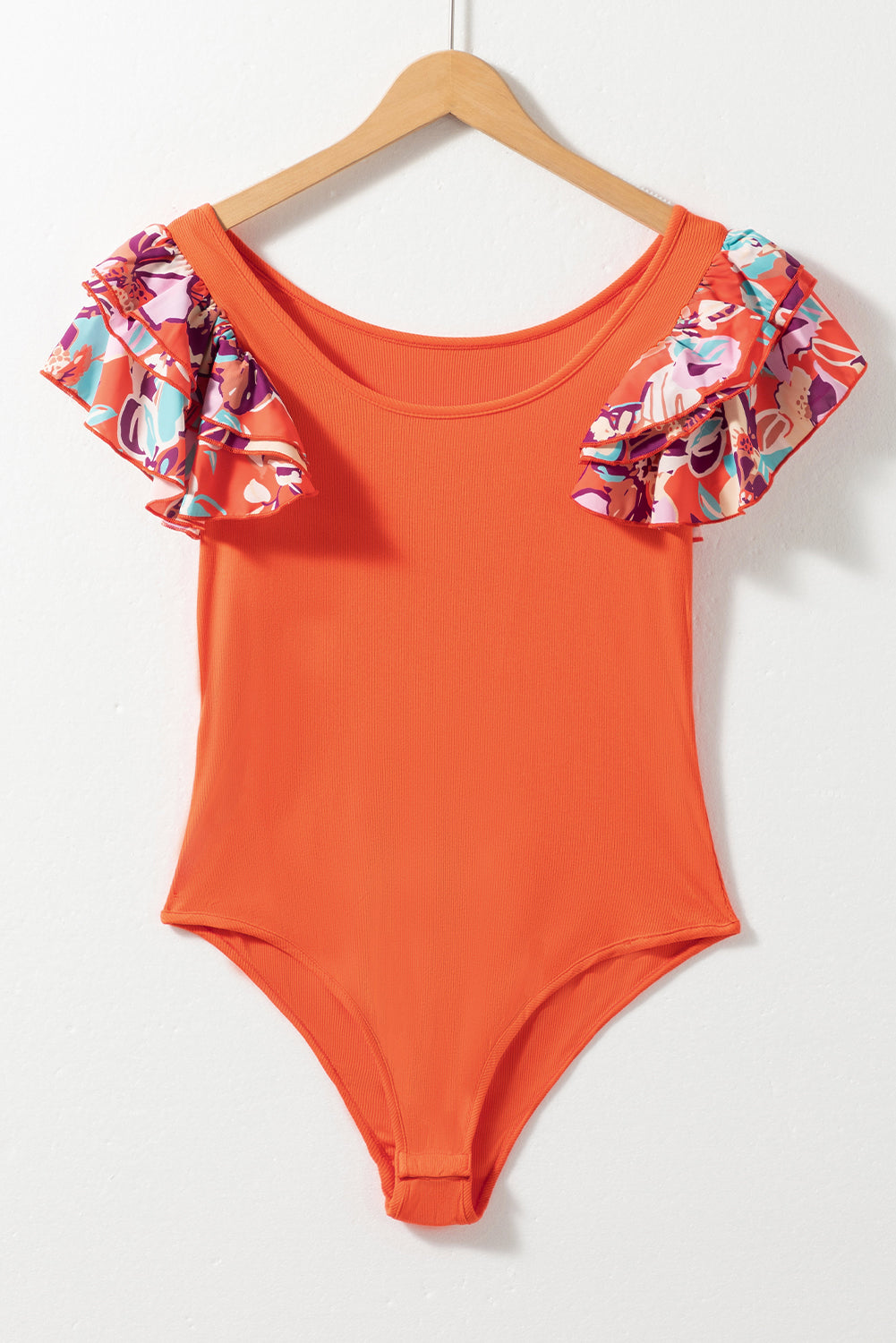 Women's Bodysuit with Rib-Knitted Knitted Layered Ruffle-Trimmed