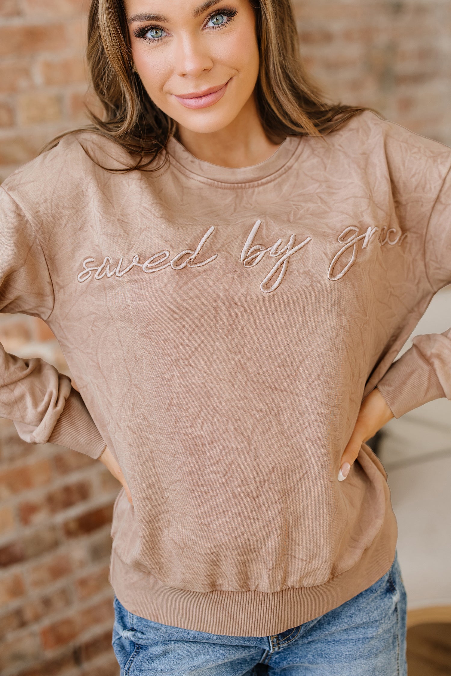 grace saved by Letter Embroidery Mineral Wash Loose Sweatshirt