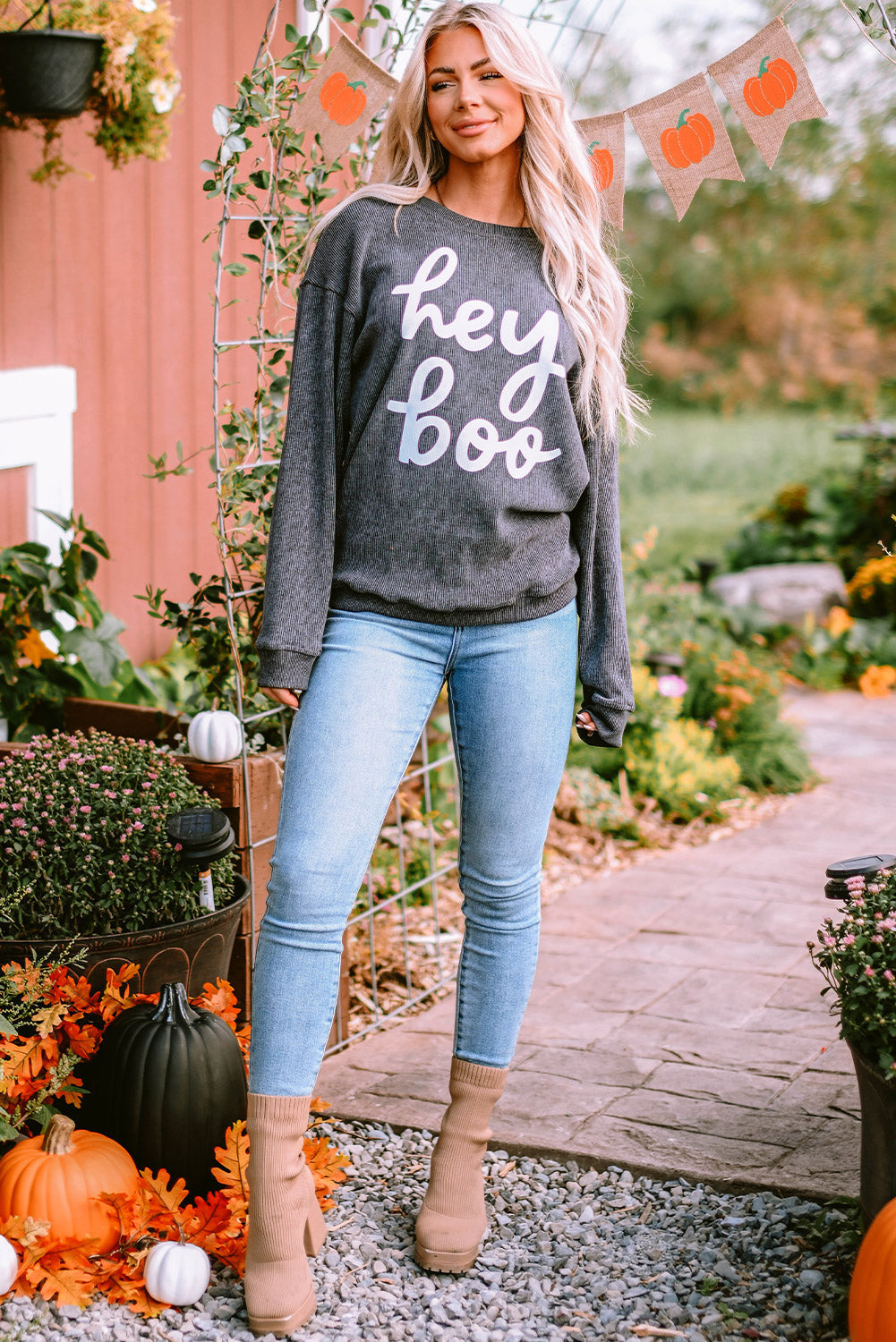 Women's Sweatshirt Featuring hey boo Graphic-Print Corded Halloween
