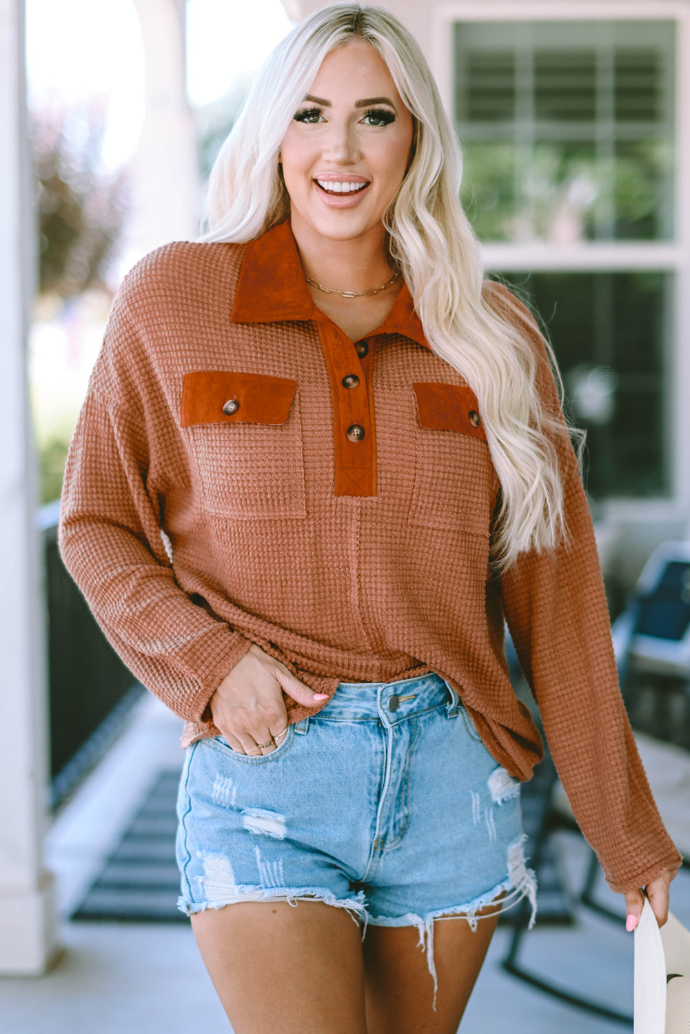 Women's Waffle Knitted Trim Long-Sleeve Top
