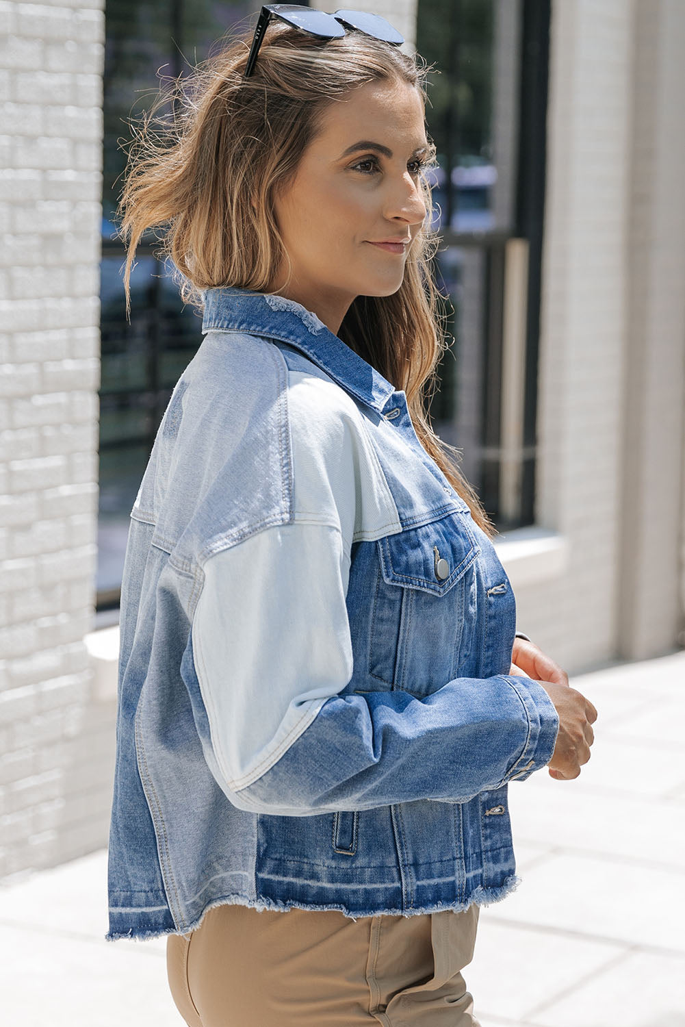 Women's Jacket Featuring Color-Block Denim Patchwork Frayed Hem