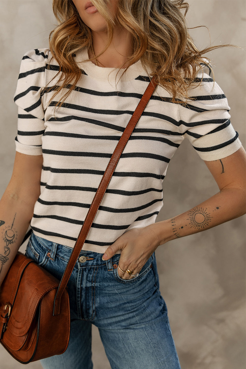 Trim Stripe Rib-Knit Knit Top in Black