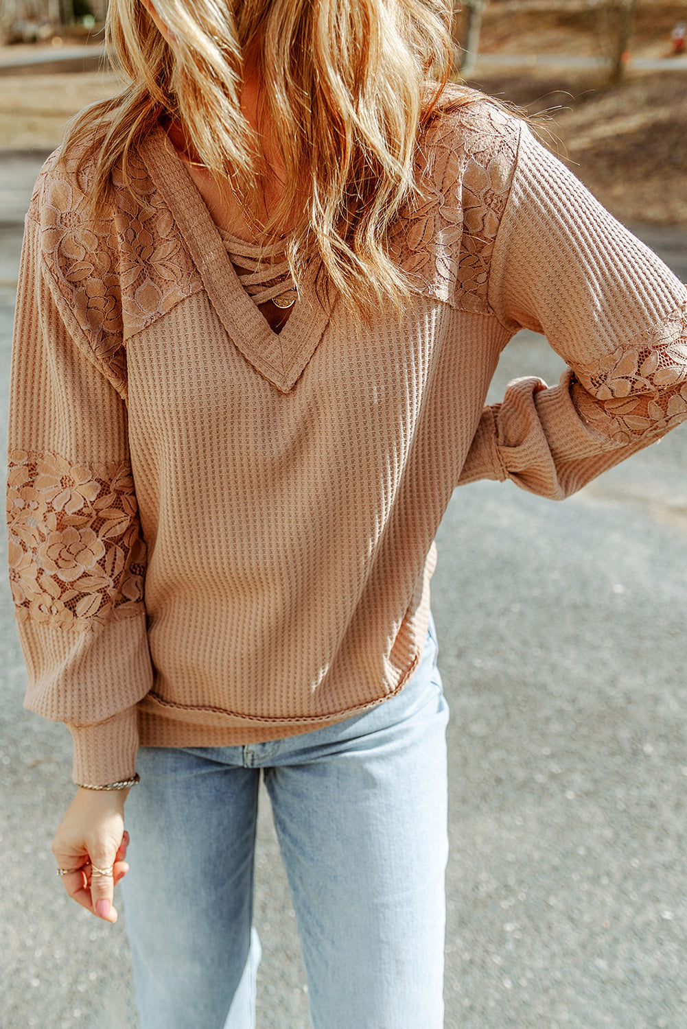 Women's Top Featuring Long-Sleeve Strappy V Neck