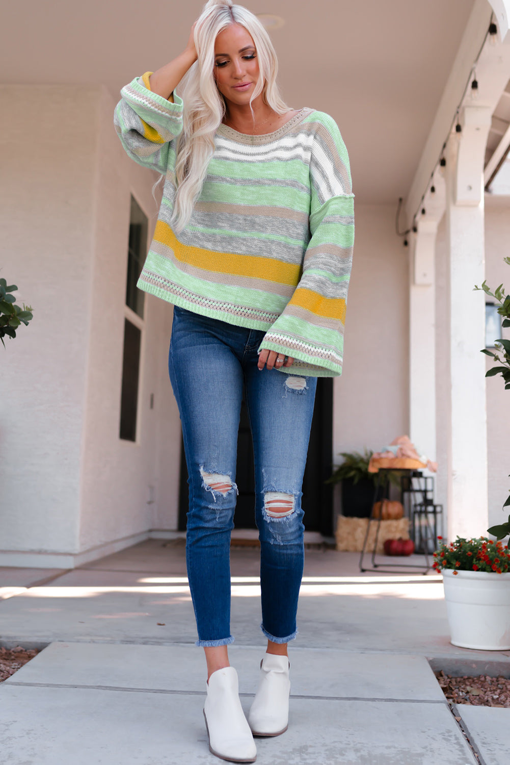 Women's Sweater Featuring Striped Bell Sleeves Loose