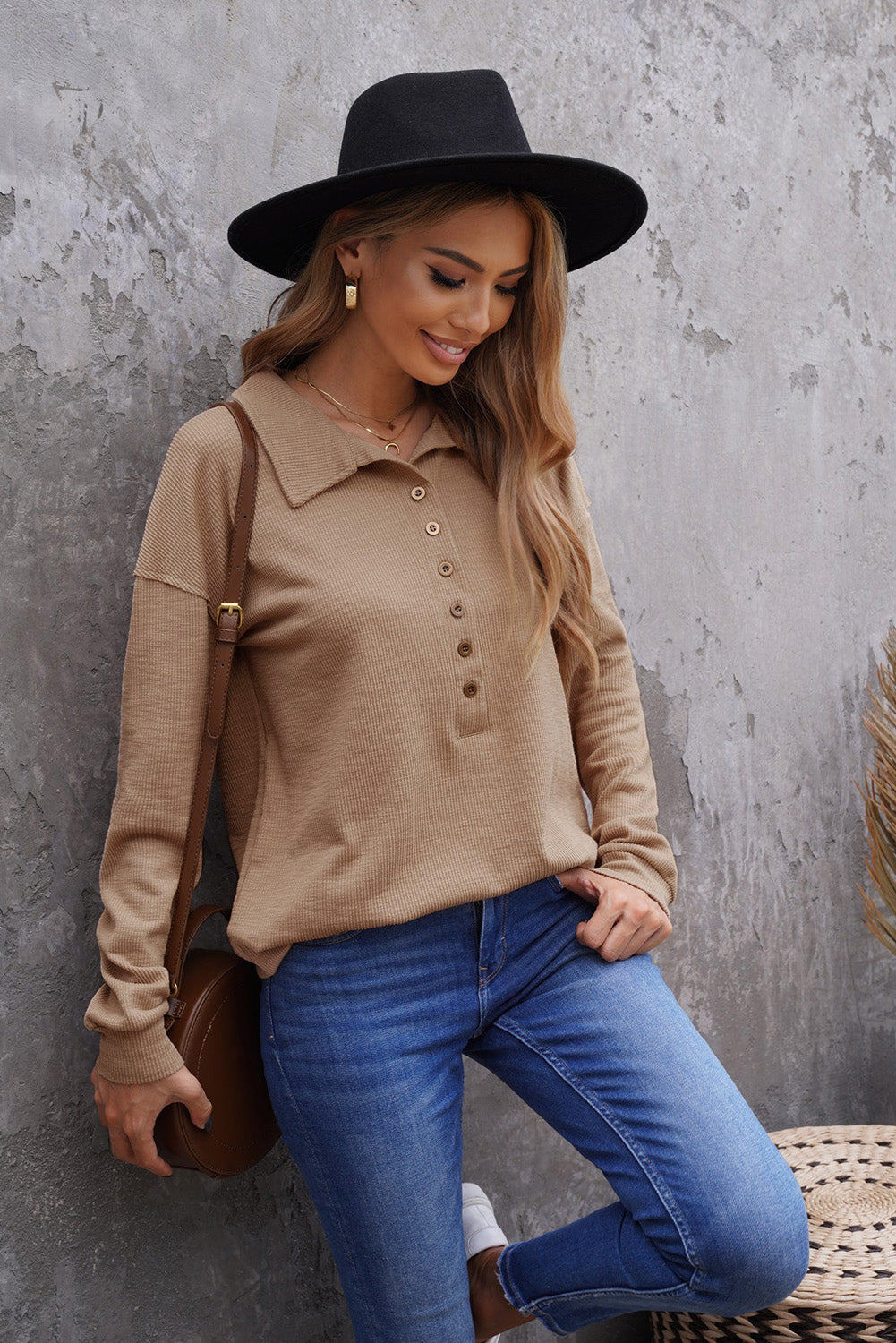 Women's Button Turn-down Neck Knit Top