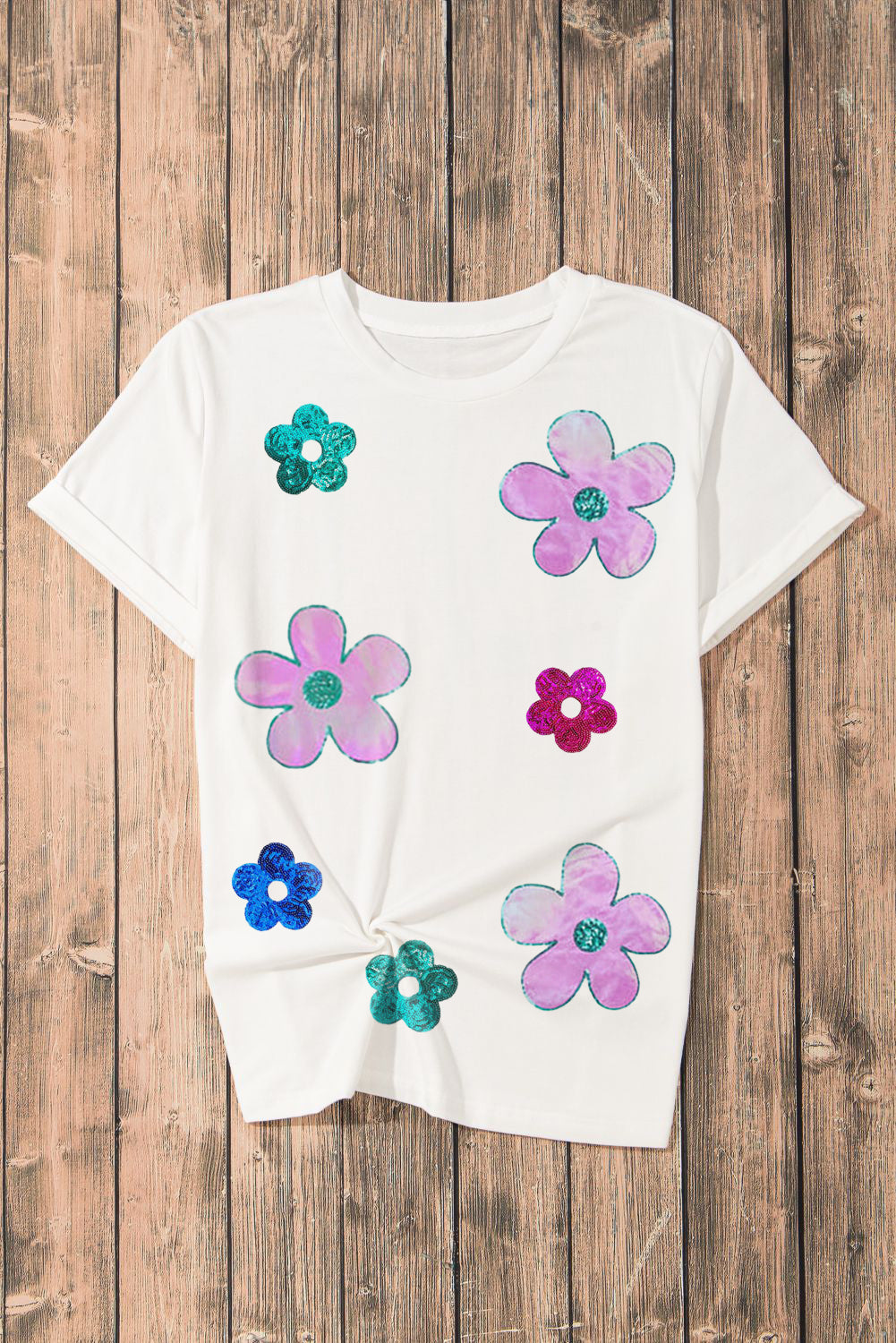 T Shirt for Women Sequined Flower Pattern Round Neck