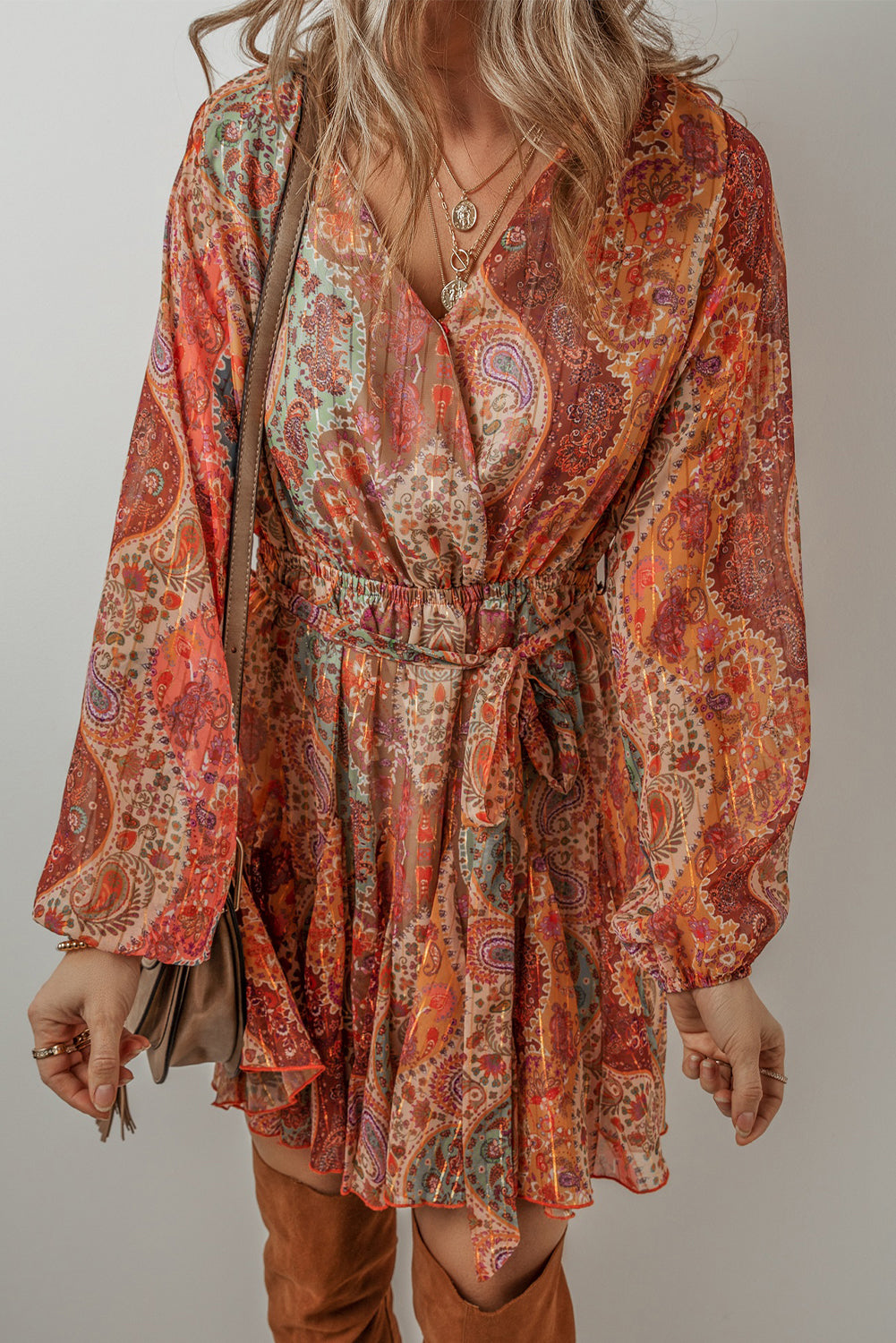 Women's Bohemian Pleat-Detail Belted Mini Dress