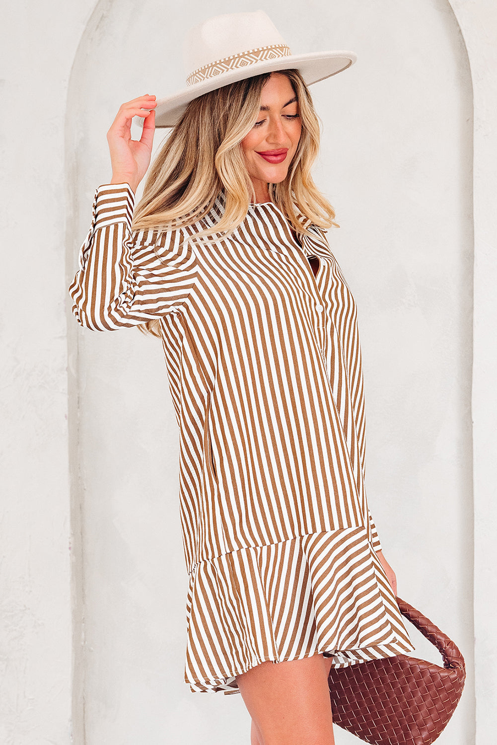 Ruffled Long-Sleeved Hem Collared Shirt Mini Dress