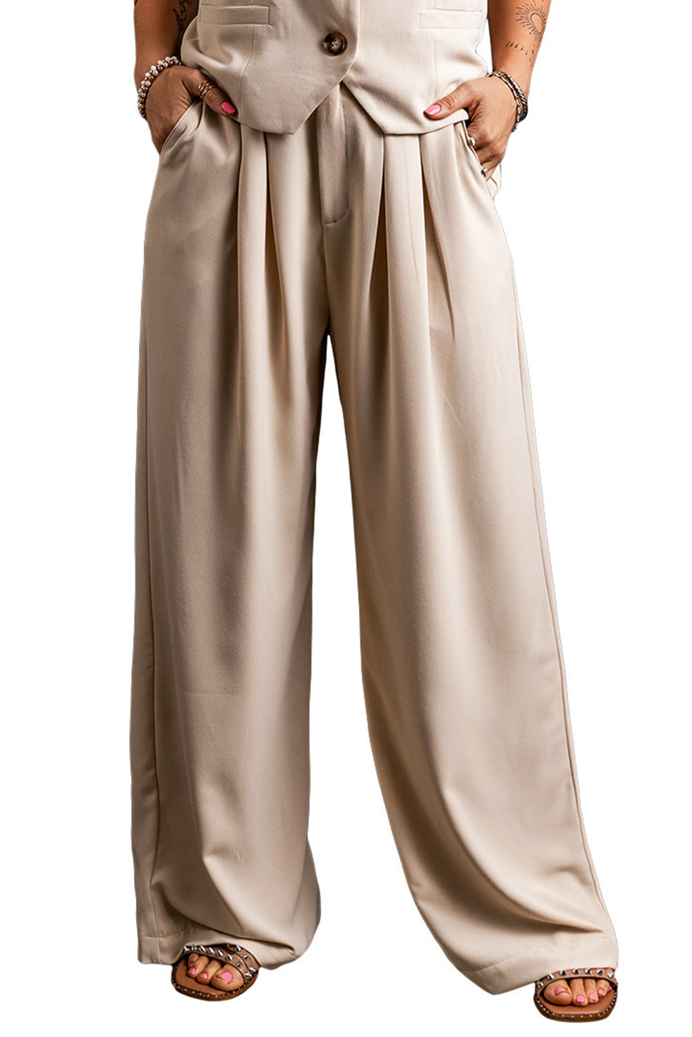 Women's Leg Pants Featuring Wide Elastic Waist Pleat-Detail