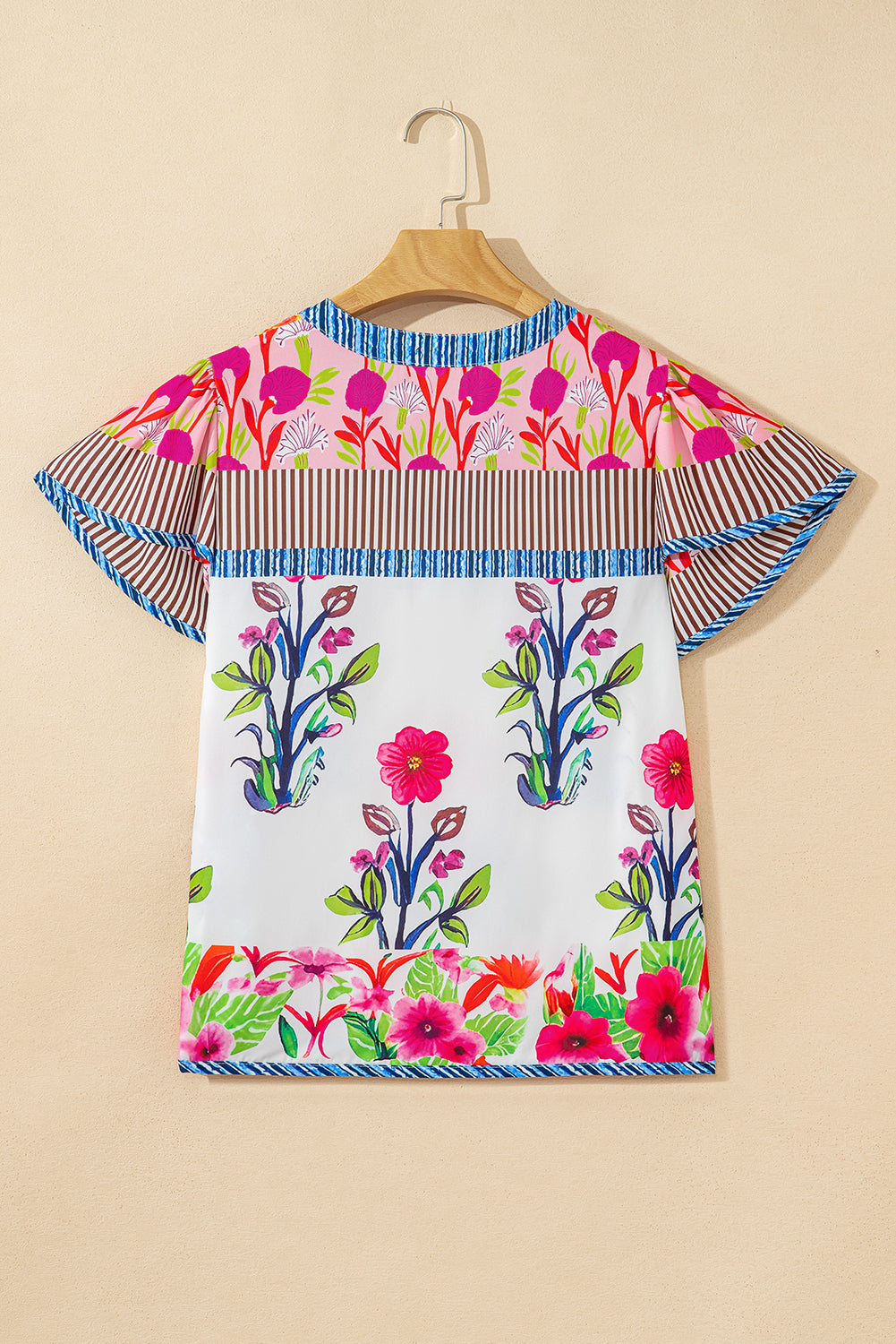 Floral Short-Sleeved Striped Patchwork Split Neck Blouse