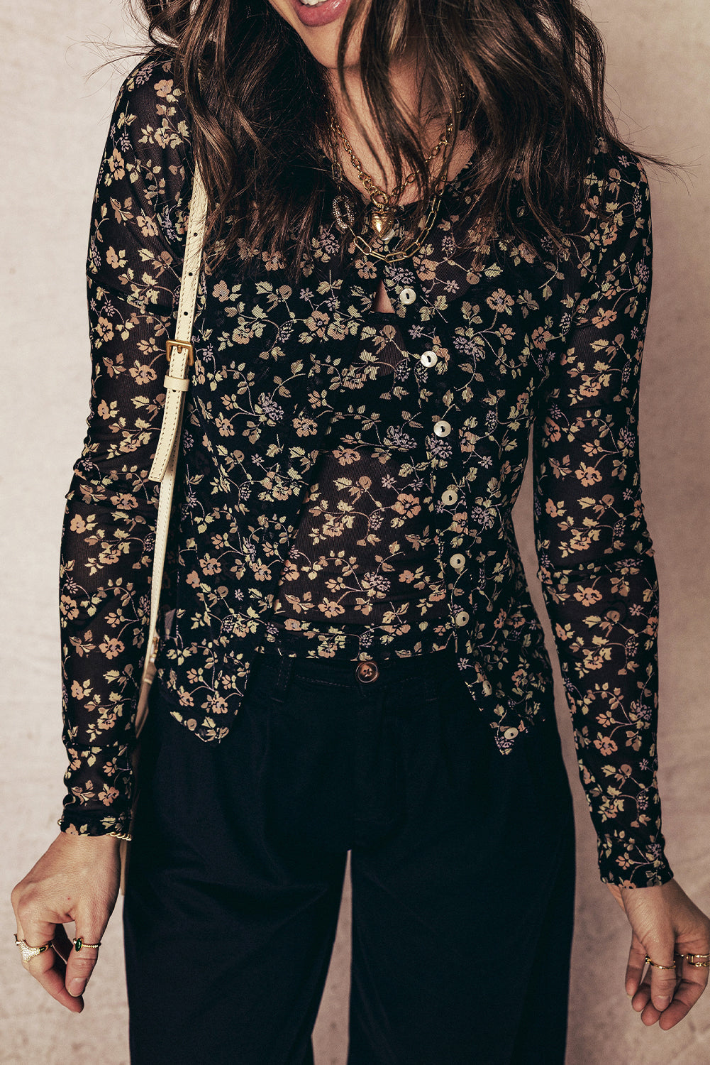 Floral-Print Mesh Tank Button Front Slim Cardigan 2-Piece Outfit