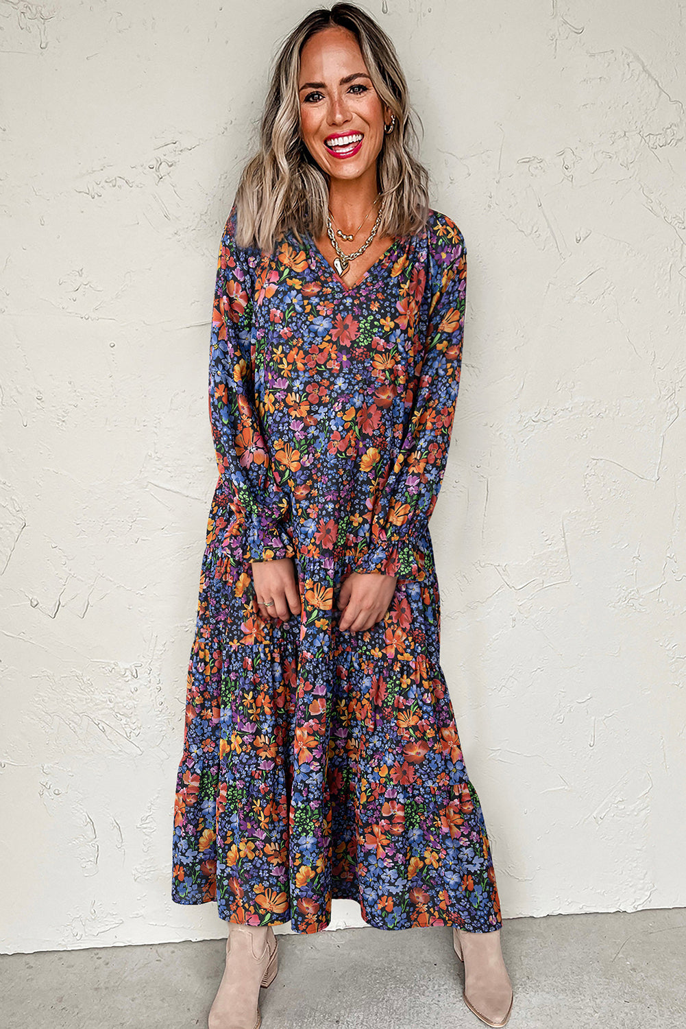 Floral-Print V-Neck Tassel Tie Long-Sleeved Flowy Long Dress