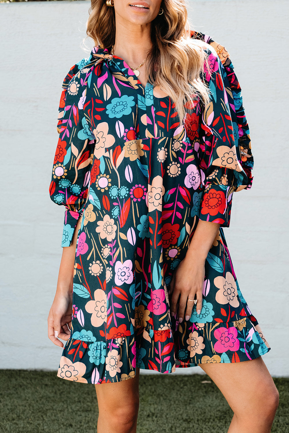 Women's Balloon Sleeve Ruffle-Trimmed Mini Floral-Print Print Dresses