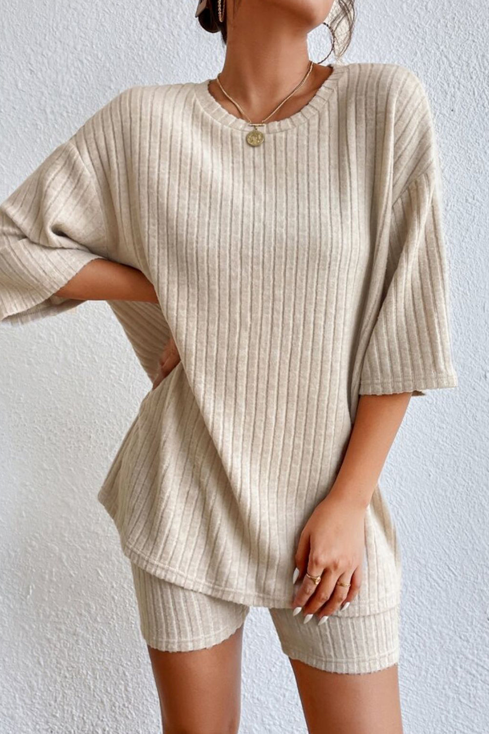 Easy-Fit Plain Rib-Knit Fit 2-Piece Lounge Set in Apricot