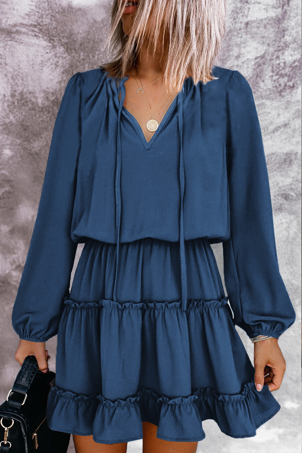 Dark V-Neck Long-Sleeved Ruffle Tiered Mini Dress