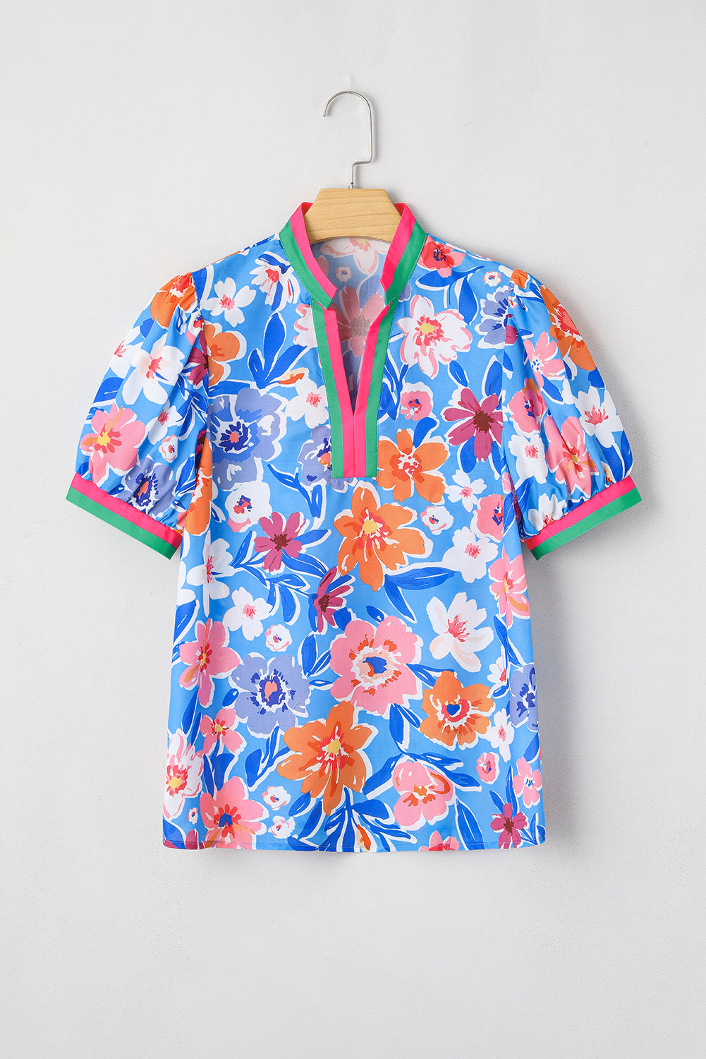 Edge Floral Colorblock Puff Sleeve Split Neck Blouse