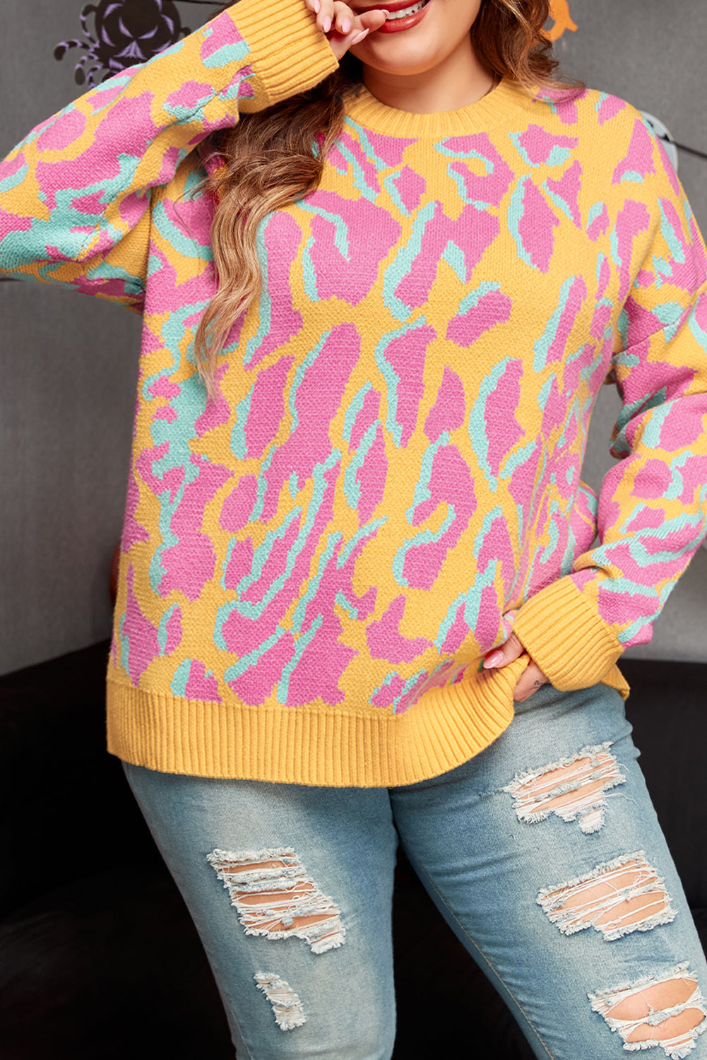 Women's Trim Plus Size Leopard-Print Rib-Knitted Sweater