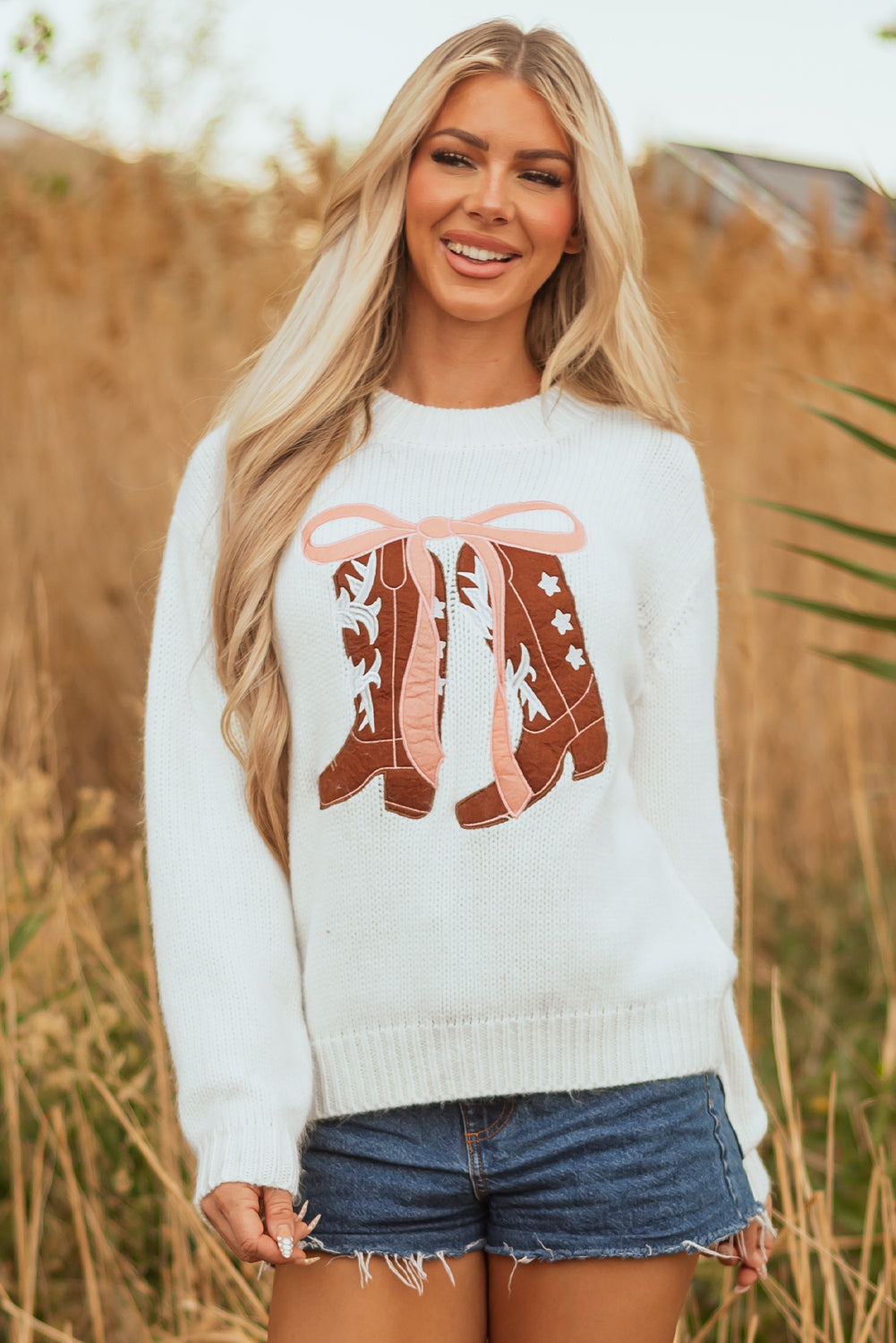 Embroidered Graphic Bow Boots Drop-Shoulder Knit Top