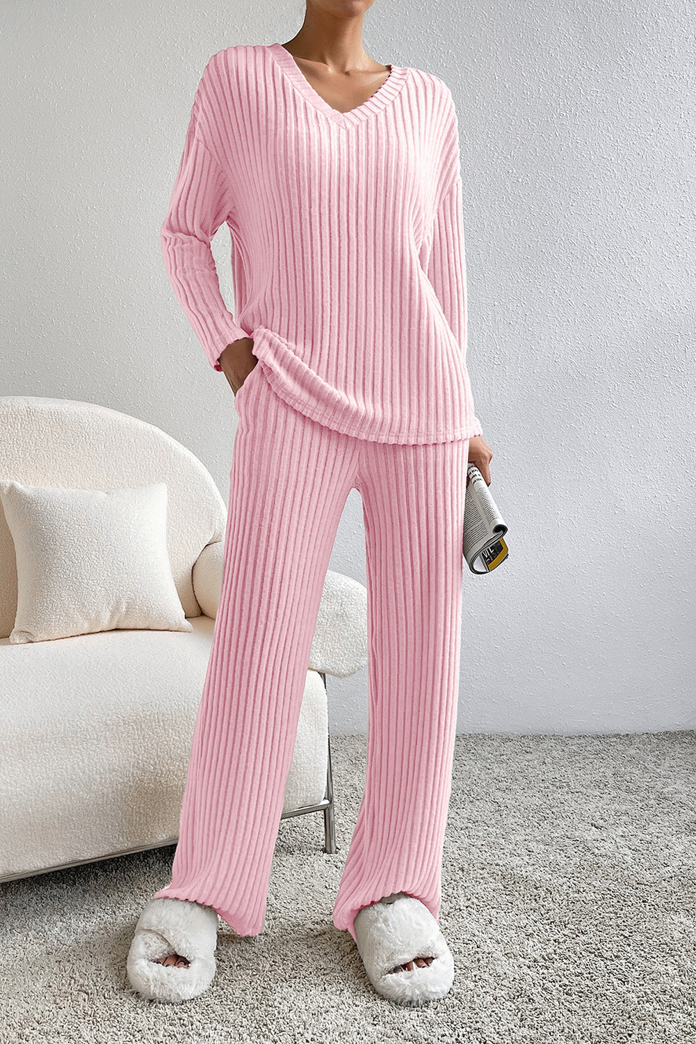 Rib-Knit Knit V-Neck Slouchy Two-piece Outfit