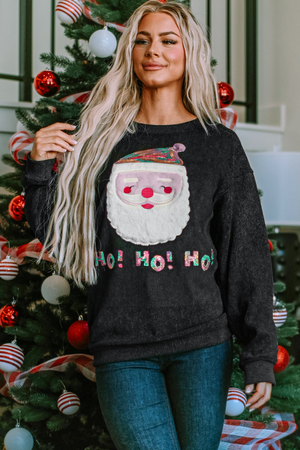 Graphic Sweatshirt for Women Santa Claus Sequin HO HO HO