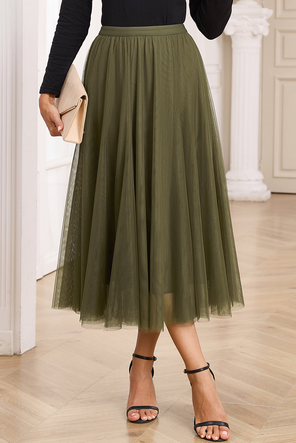 Tulle Mesh Overlay Flared Midi Skirt in Jungle Green