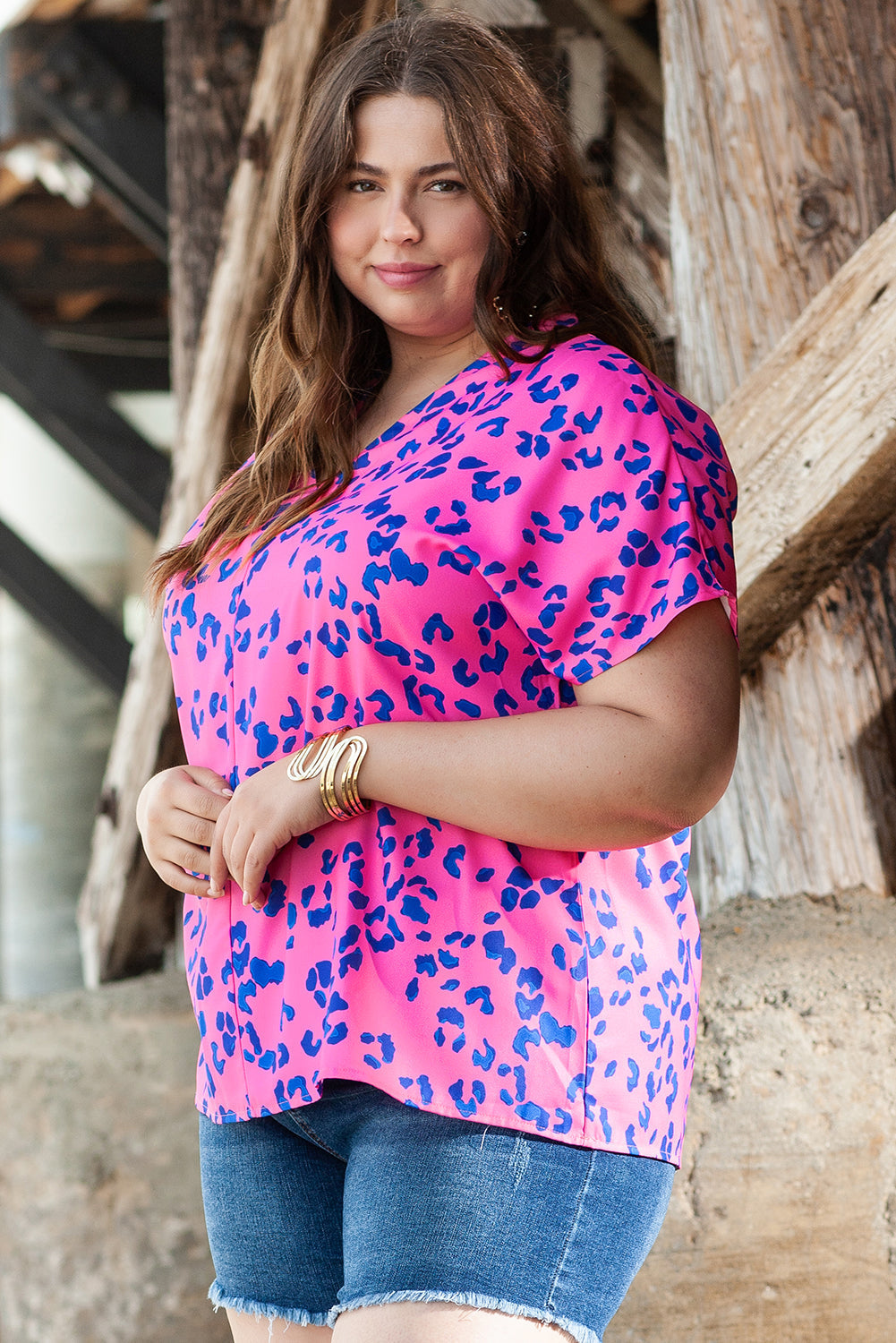 Women's Print Plus Size Contrast Leopard-Print Blouse