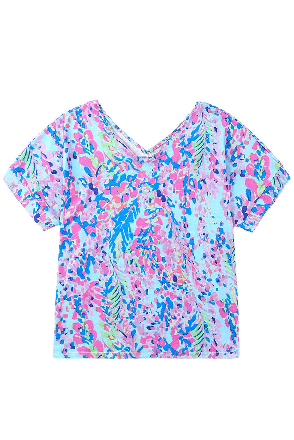 Women's Sky Blue Loose Painted Floral-Print Tee