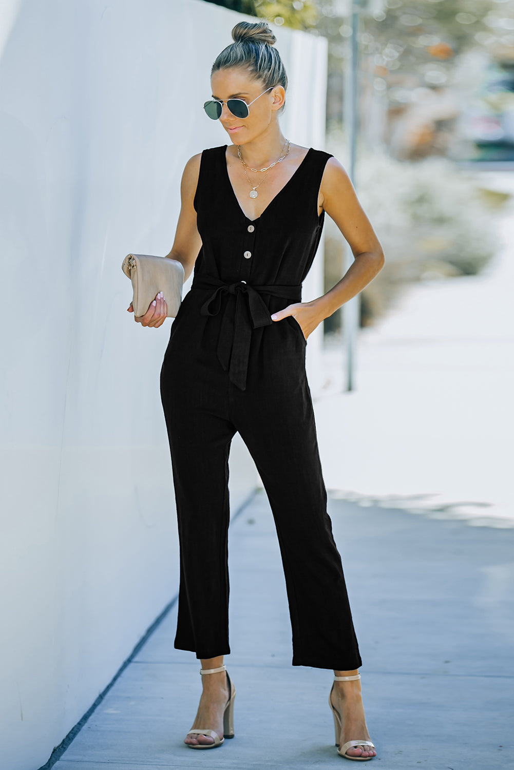 Women's Jumpsuit Featuring V Neck Belted