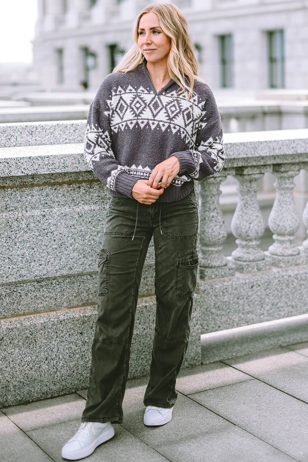 Women's Zip Geometric Quarter Pullover Sweater