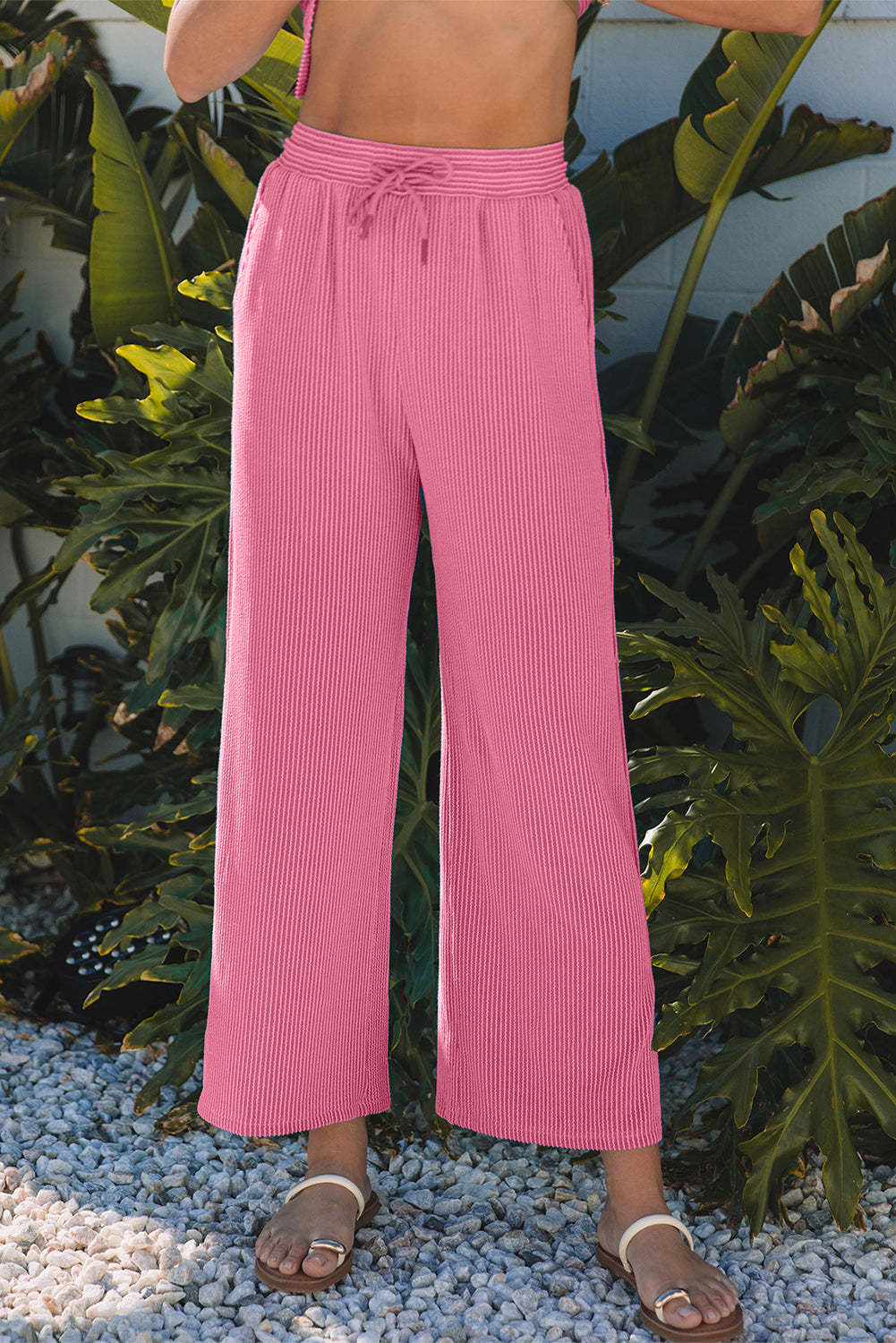 Bright Corded Pink Solid Knit Short-Sleeved T Shirt and Wide-Leg Pants Set